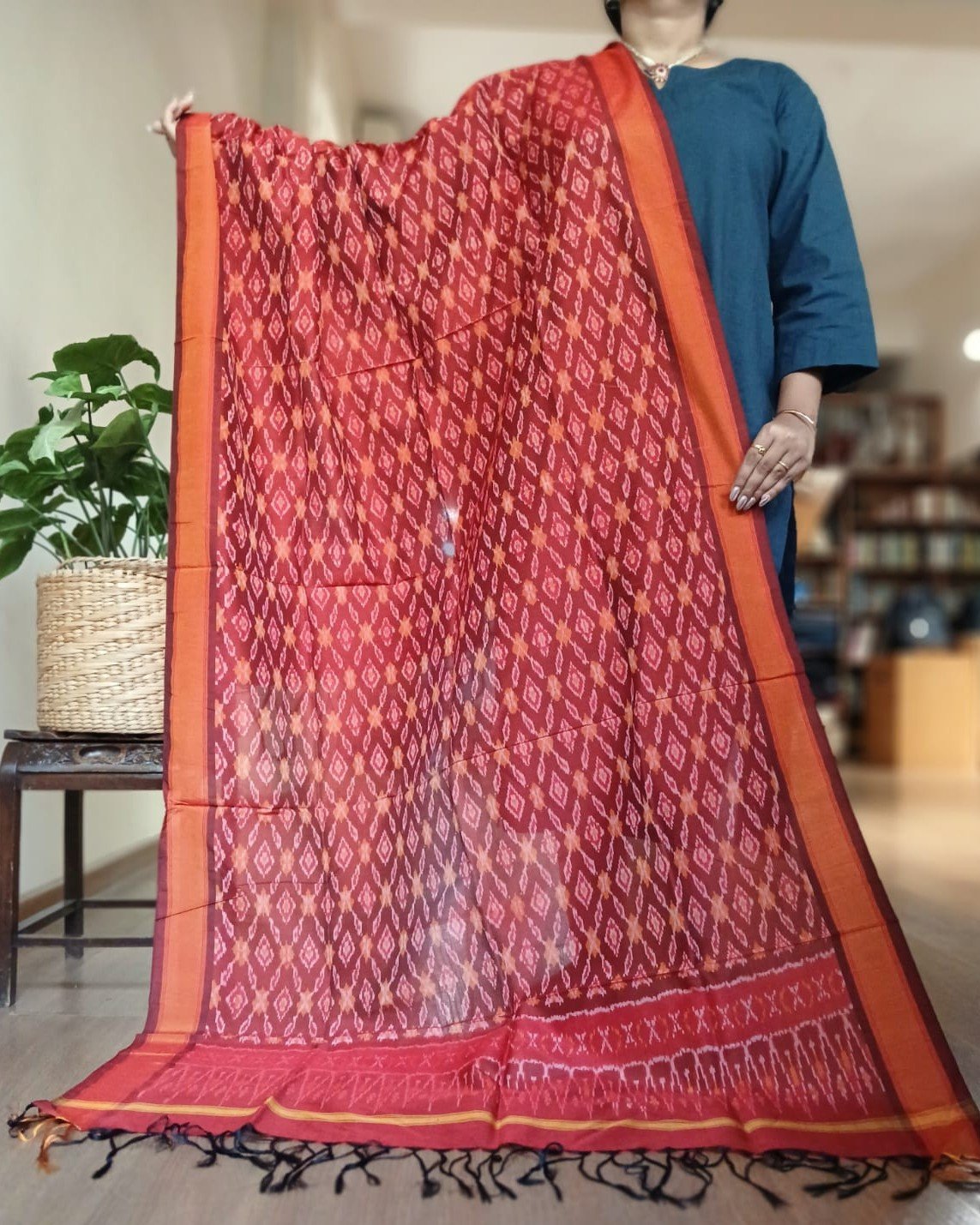 Silk-cotton Ikat Dupatta from Telengana – (SCDT0077) - Image 3