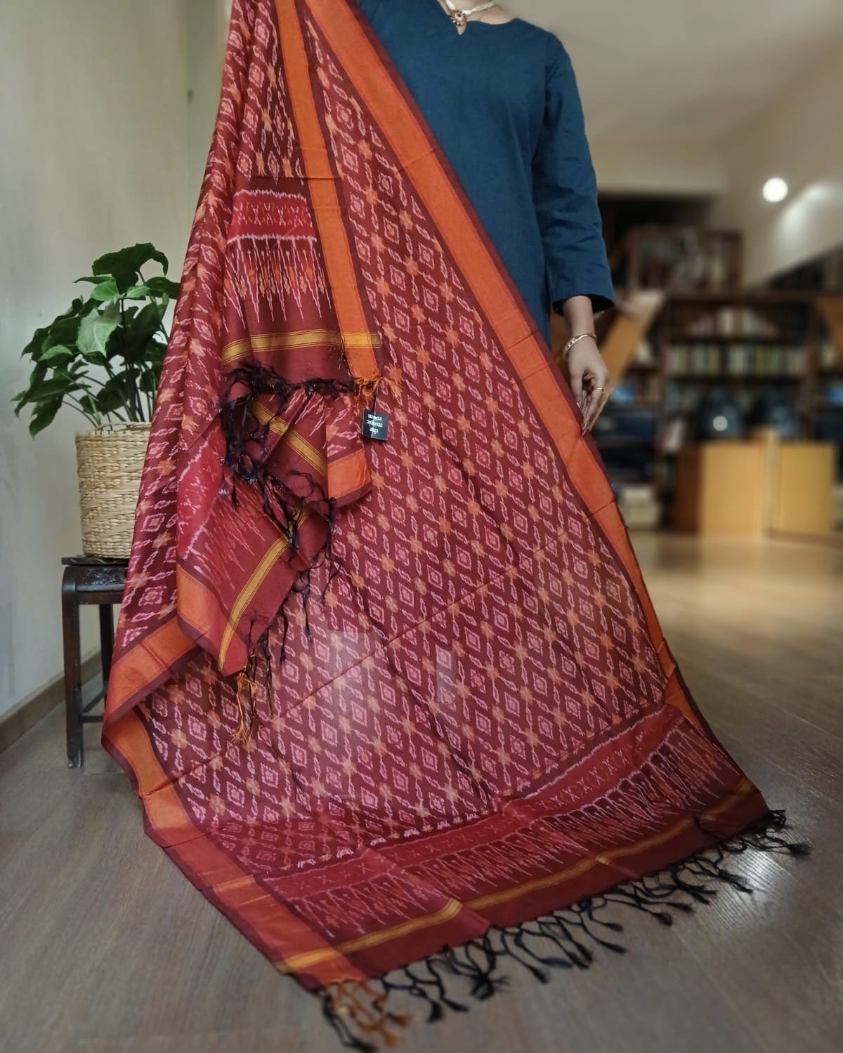 Silk-cotton Ikat Dupatta from Telengana – (SCDT0077)
