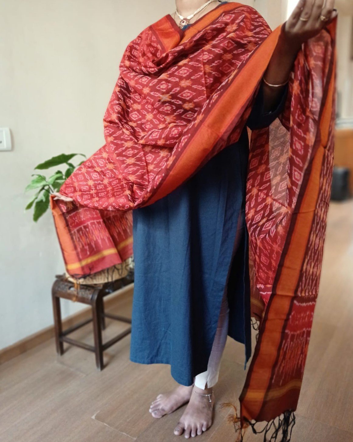 Silk-cotton Ikat Dupatta from Telengana – (SCDT0077) - Image 2