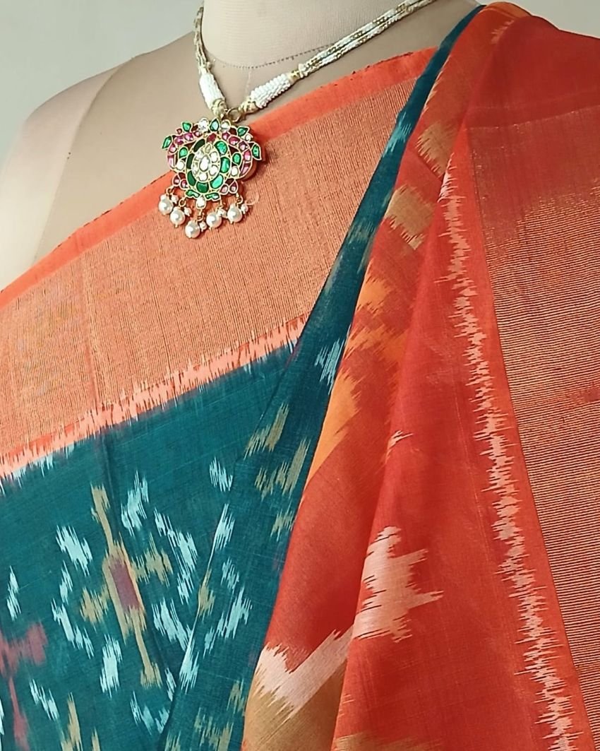 Handloom Single Ikat in Silk-Cotton Saree – (HSIS0044) - Image 6