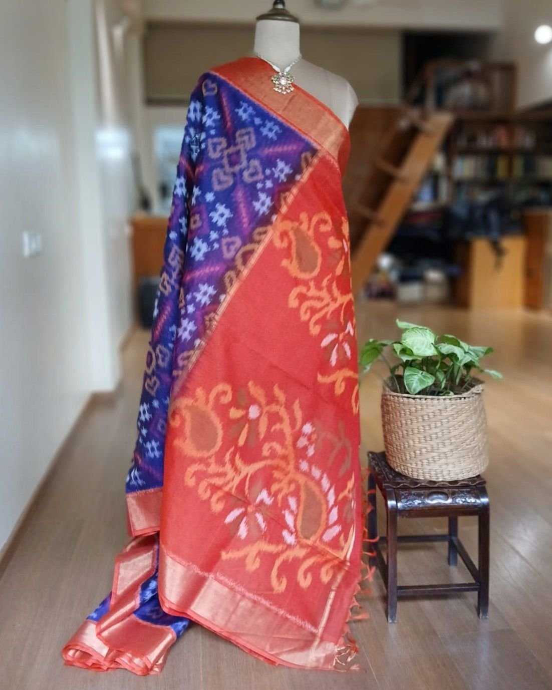 Handloom Single Ikat in Silk-Cotton Saree – (HSIS0045) - Image 6