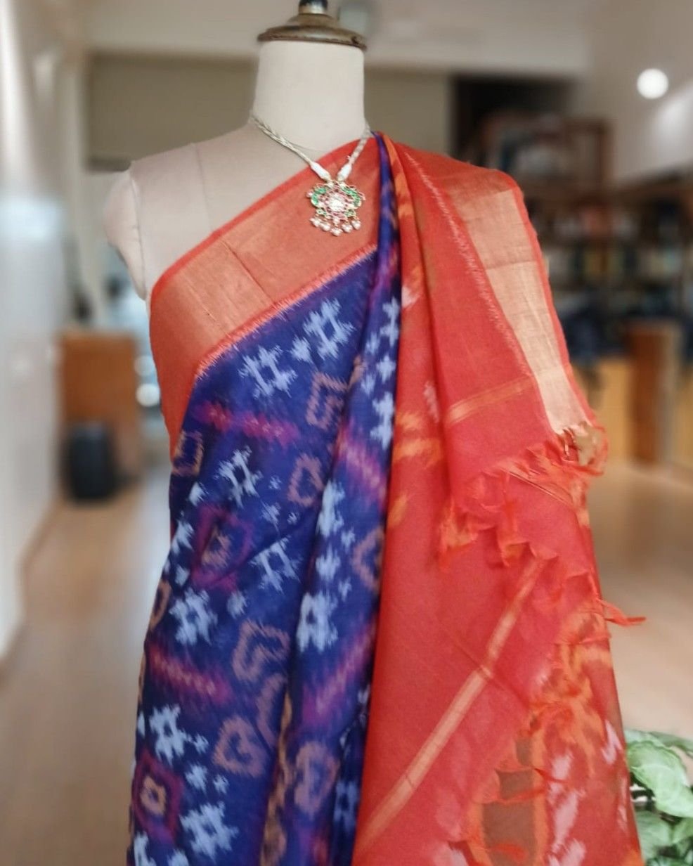 Handloom Single Ikat in Silk-Cotton Saree – (HSIS0045) - Image 3