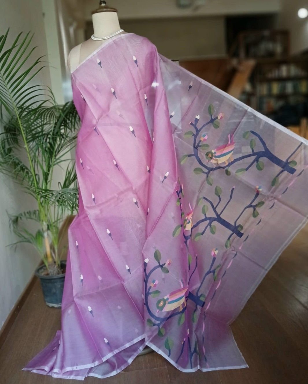 Hand Jamdani in Mulberry Silk with Bird Motifs – (SJMS0010)