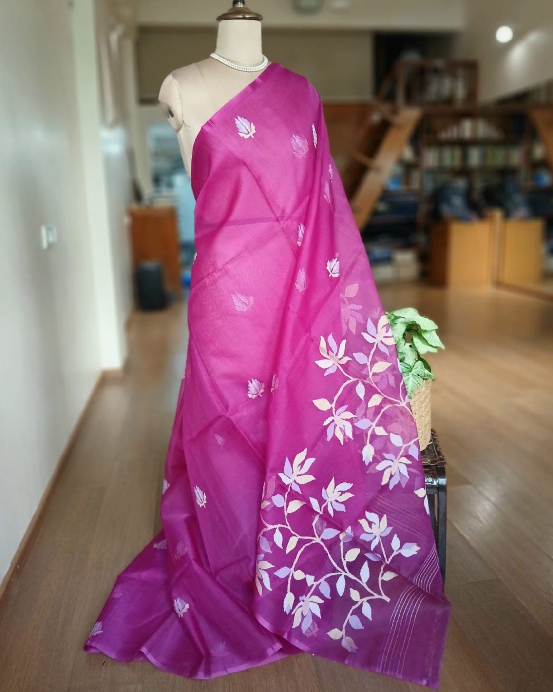 Hand Jamdani in Mulberry Silk with Floral Motifs – (SJMS0014)
