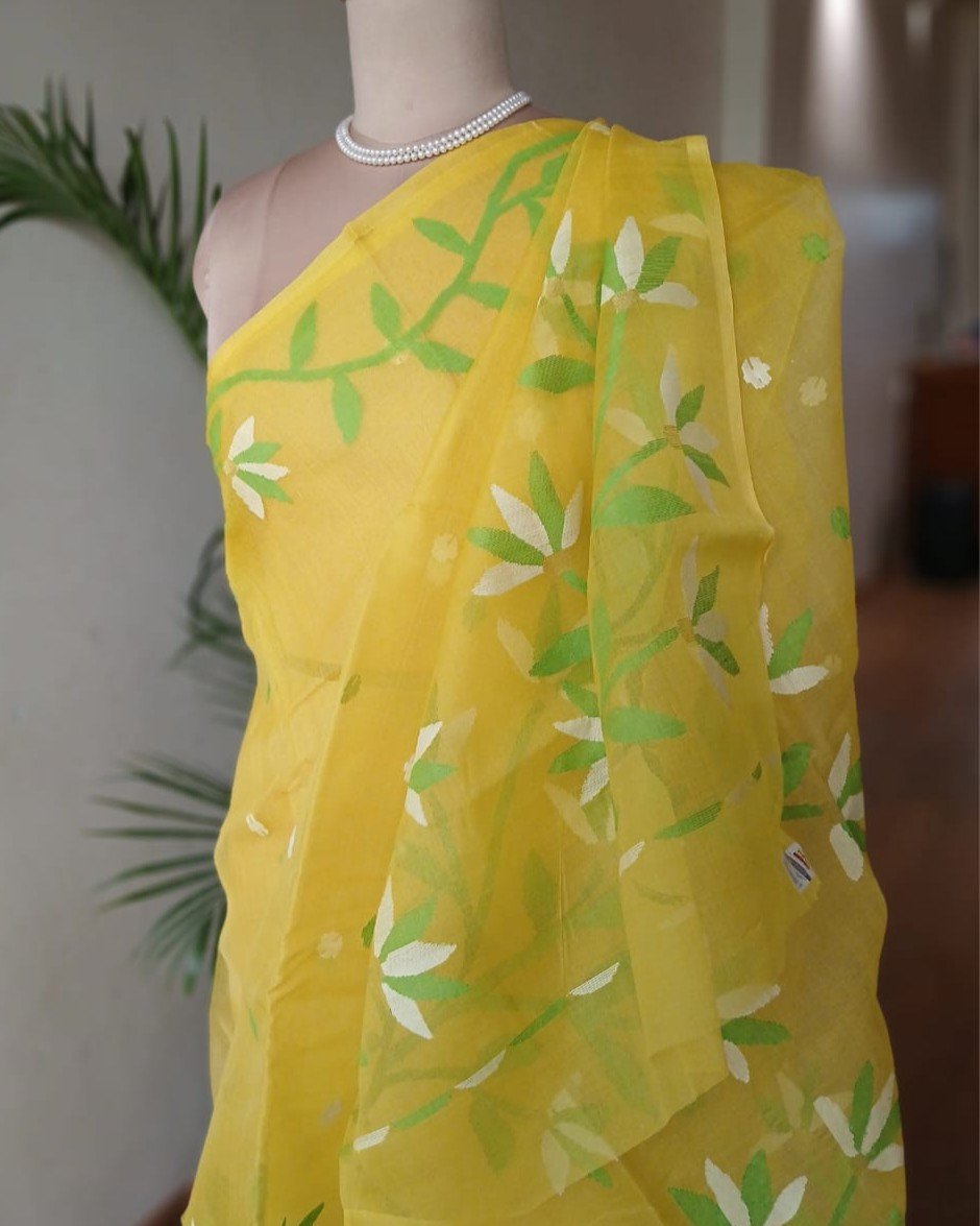 Hand Jamdani in Mulberry Silk with Floral Motifs – (SJMS0019) - Image 5