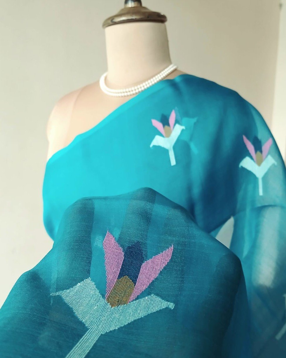 Hand Jamdani in Mulberry Silk with Floral Motifs – (SJMS0016) - Image 7