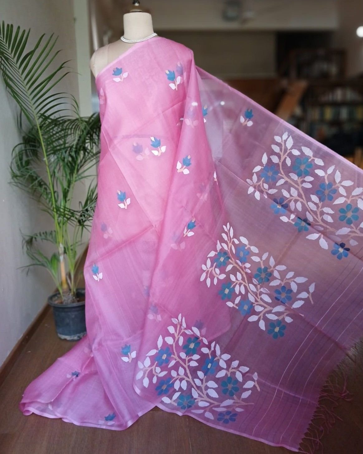 Hand Jamdani in Mulberry Silk with Floral Motifs – (SJMS0022)