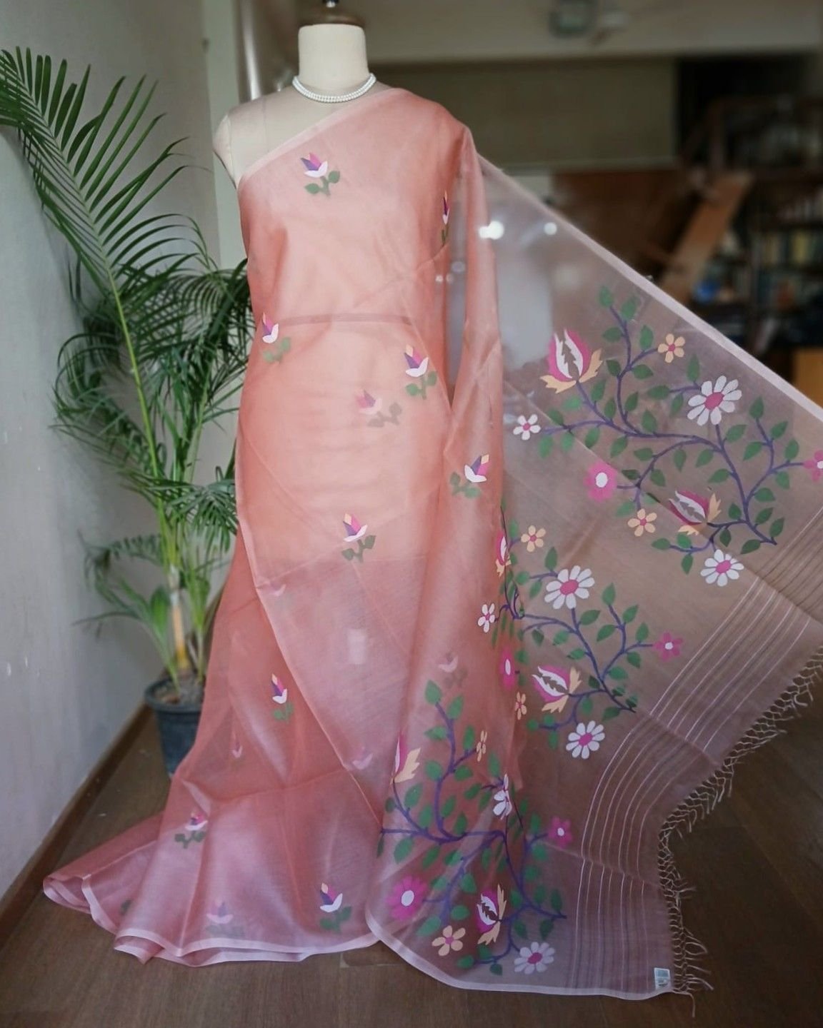 Hand Jamdani in Mulberry Silk with Floral Motifs – (SJMS0024)