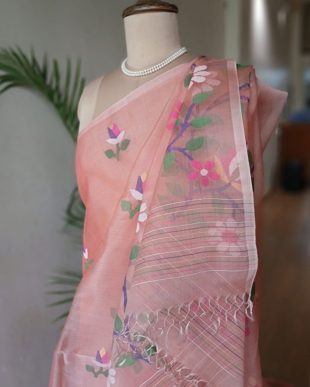Hand Jamdani in Mulberry Silk with Floral Motifs – (SJMS0024) - Image 4