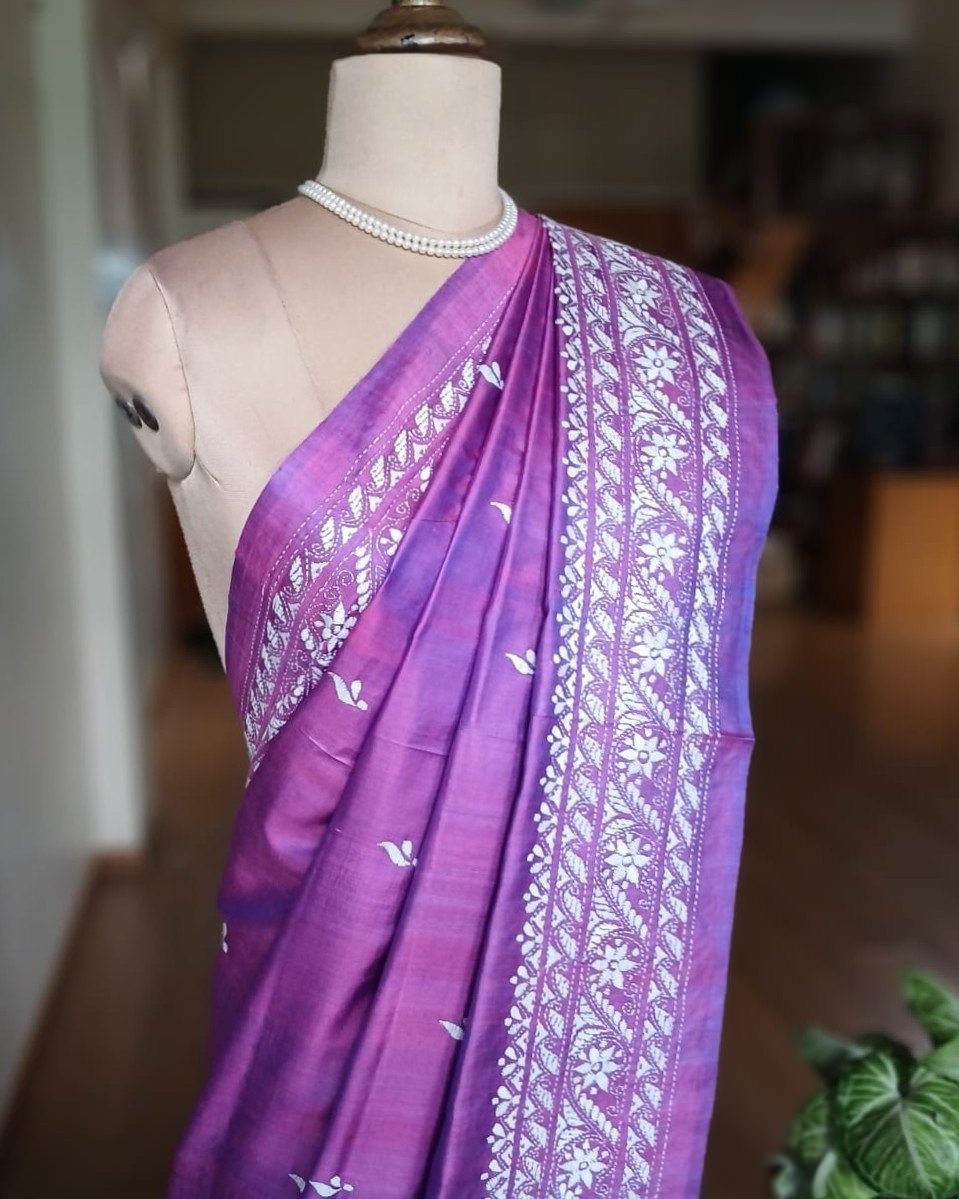 Hand Embroidered Santiniketan Kantha Saree - (SNBK0030) - Image 8