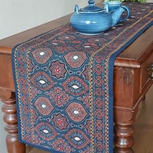 Embroidered Ajrakh Table Runner in Natural Dyes – (EATR0031)