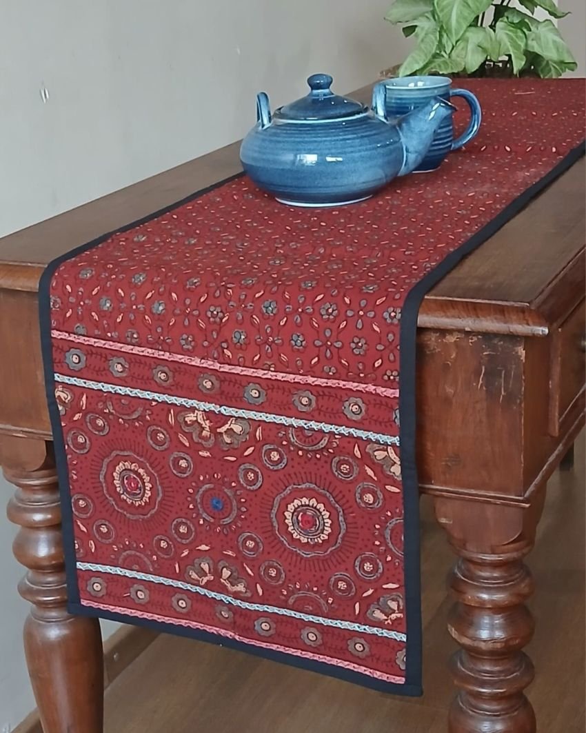 Embroidered Ajrakh Table Runner in Natural Dyes – (EATR0027)