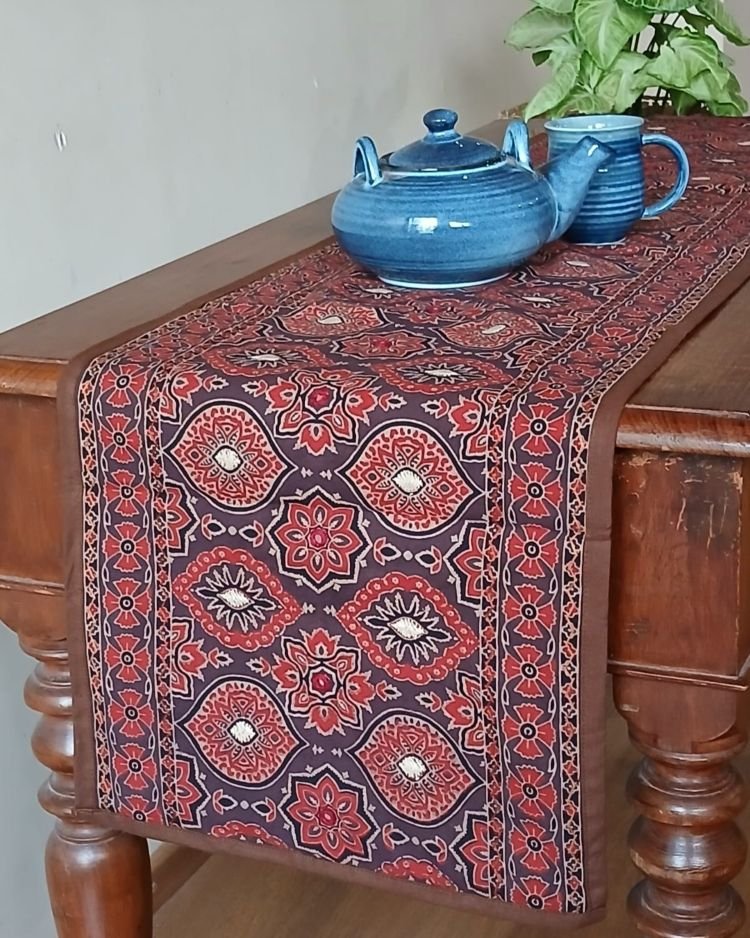 Embroidered Ajrakh Table Runner in Natural Dyes – (EATR0030)