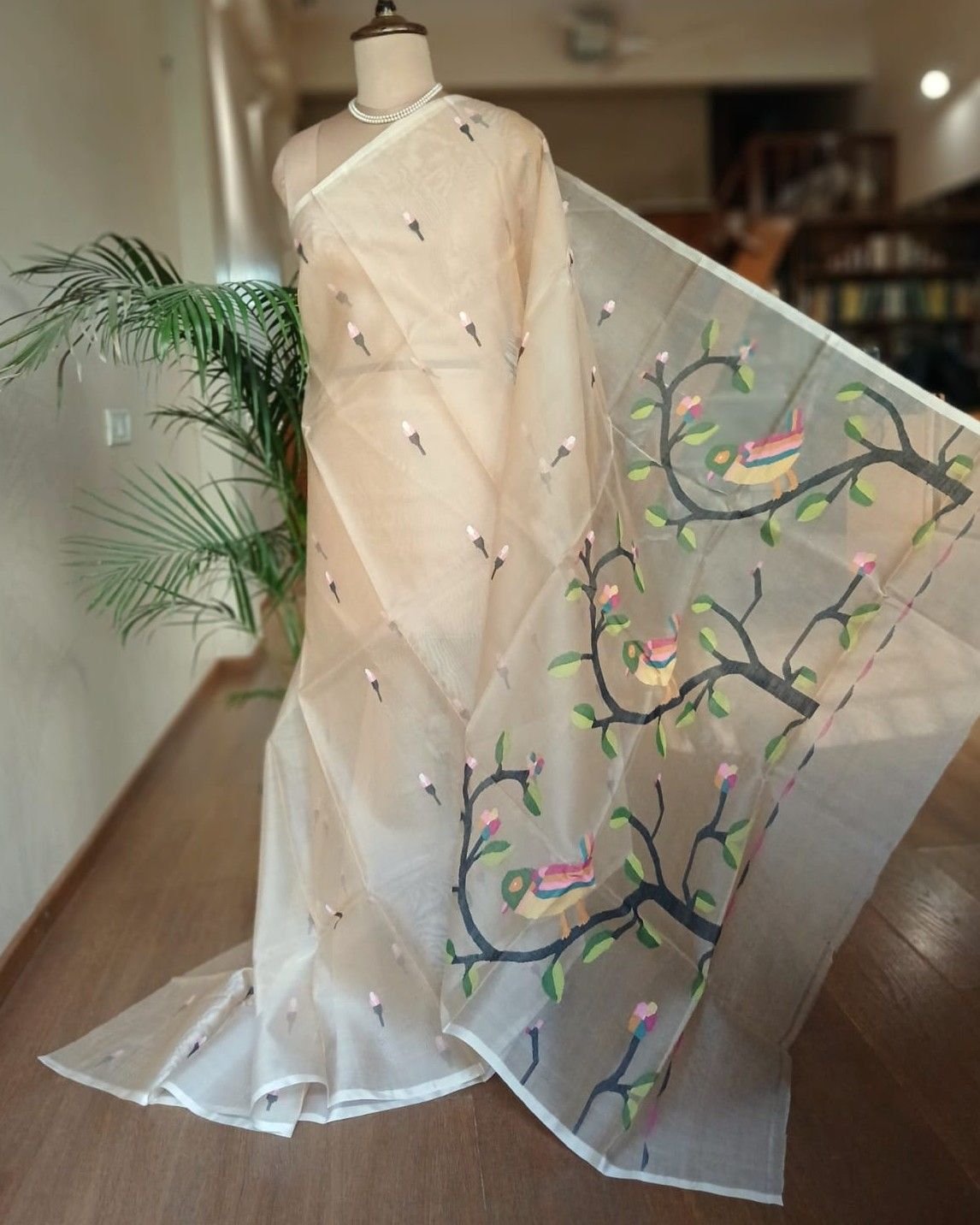 Hand Jamdani in Mulberry Silk with Bird Motifs – (SJMS0026)