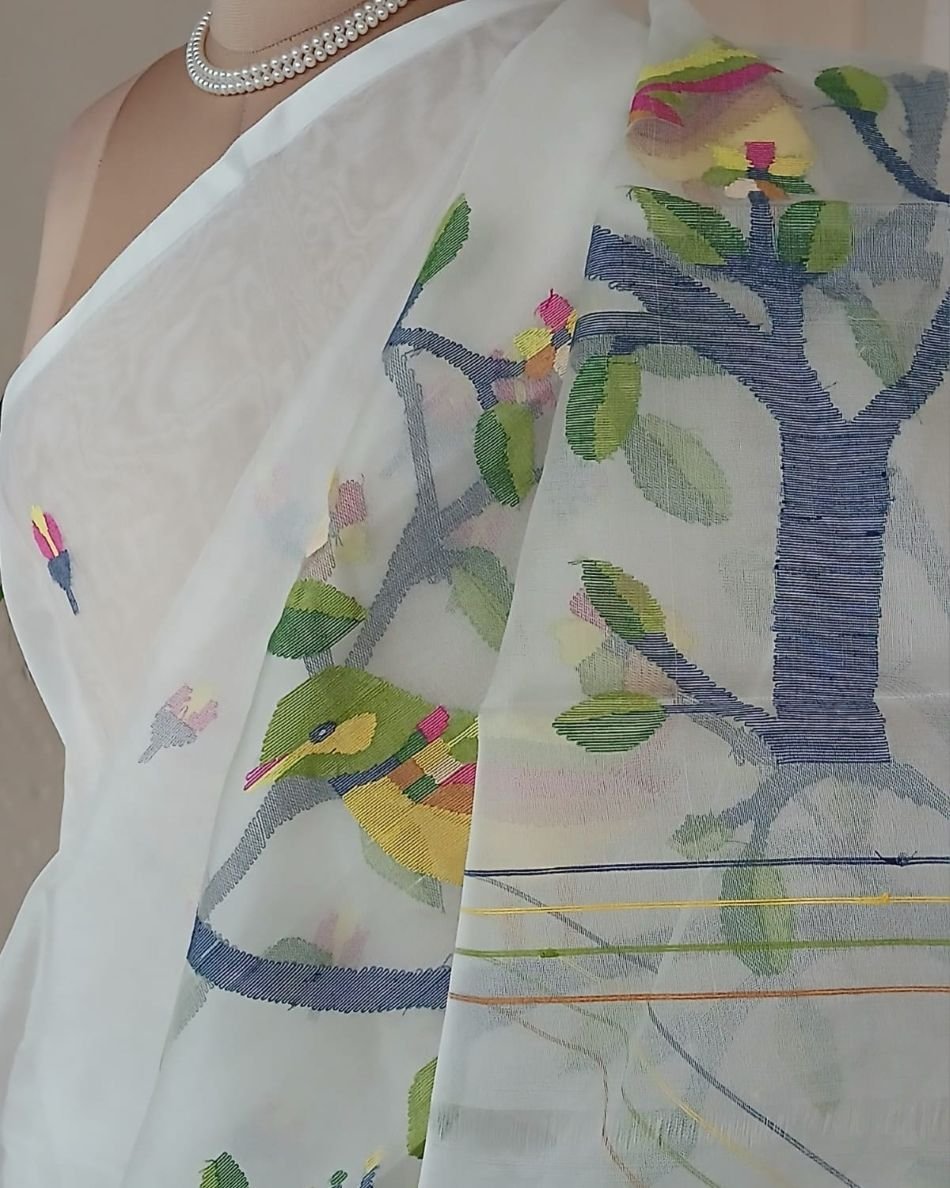 Hand Jamdani in Mulberry Silk with Bird Motifs – (SJMS0028) - Image 5