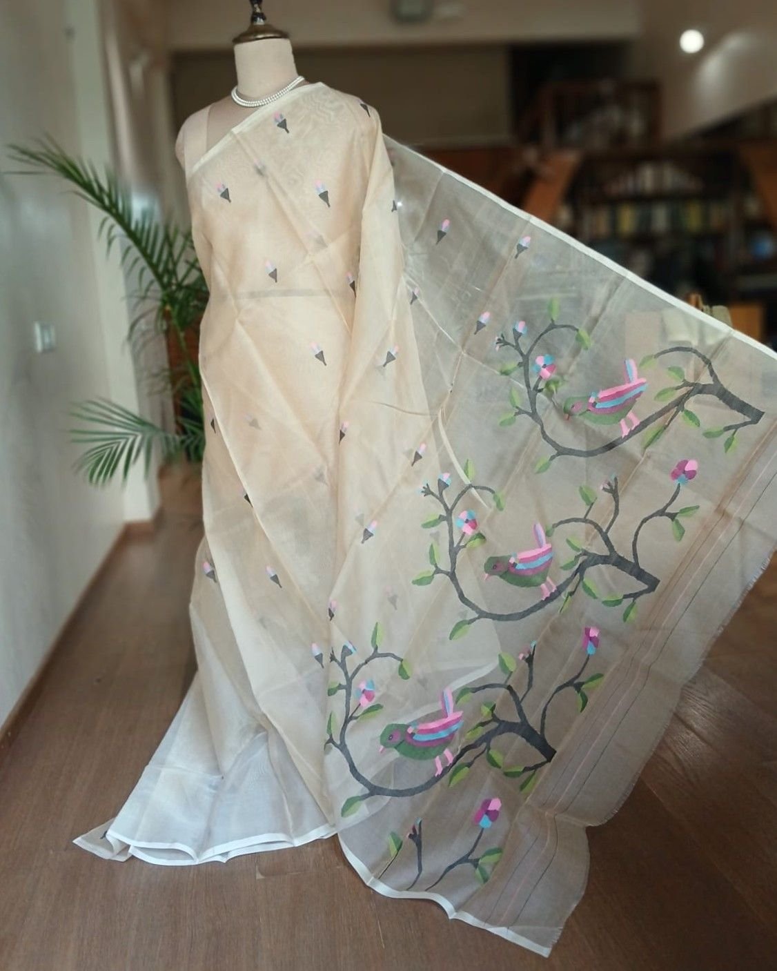 Hand Jamdani in Mulberry Silk with Bird Motifs – (SJMS0029)