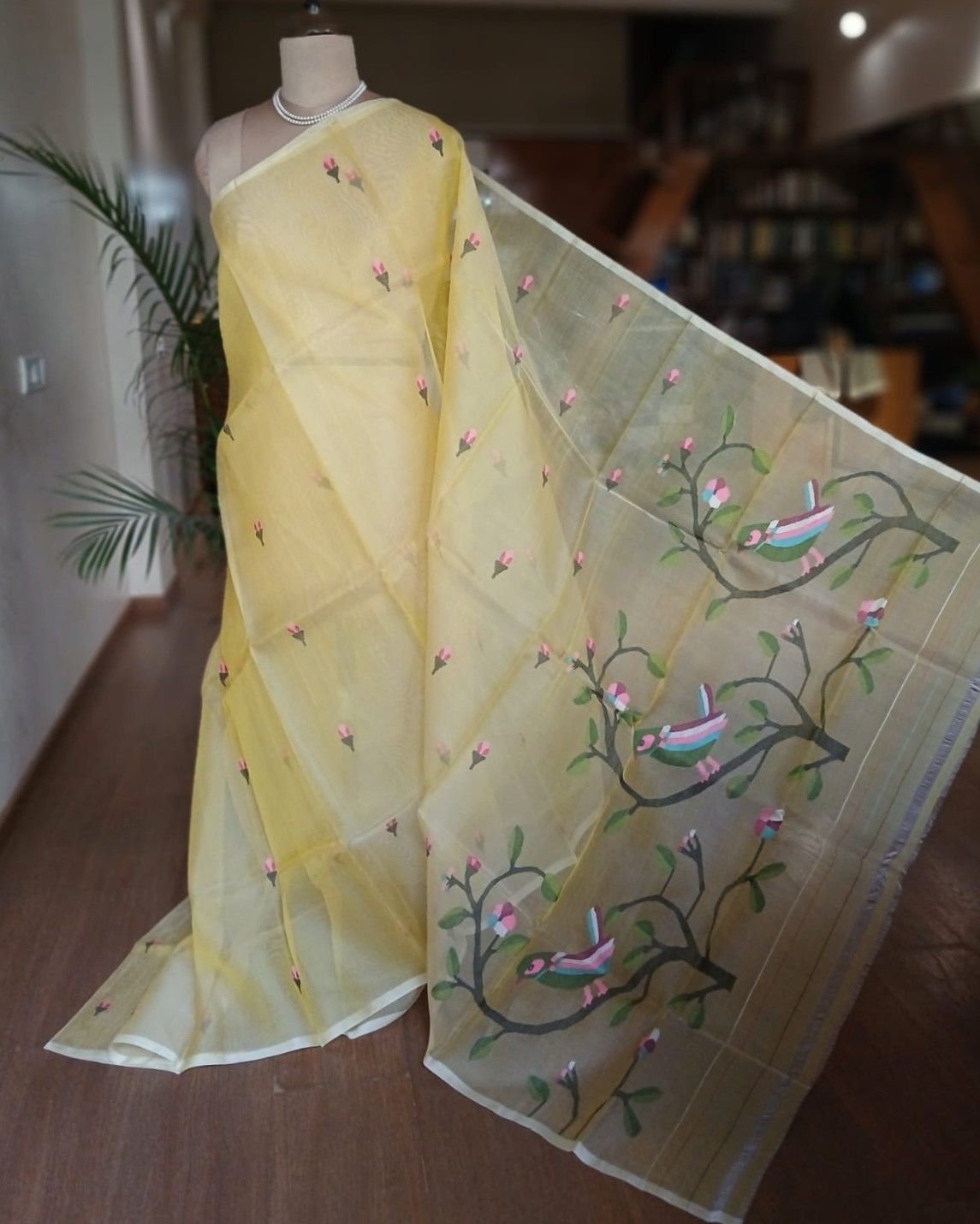 Hand Jamdani in Mulberry Silk with Bird Motifs – (SJMS0030)