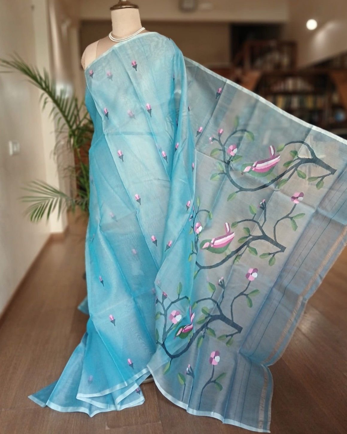 Hand Jamdani in Mulberry Silk with Bird Motifs – (SJMS0031)