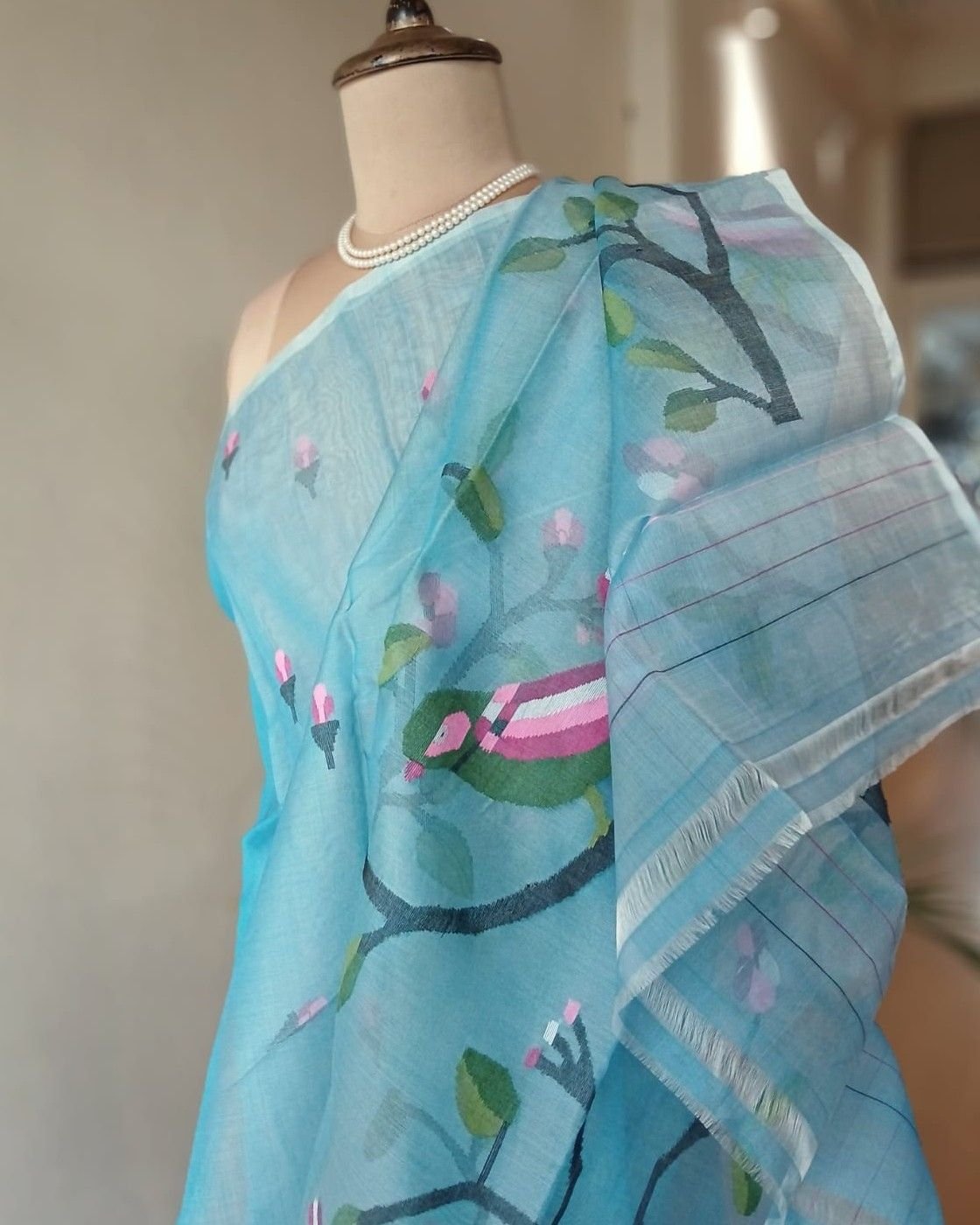 Hand Jamdani in Mulberry Silk with Bird Motifs – (SJMS0031) - Image 4