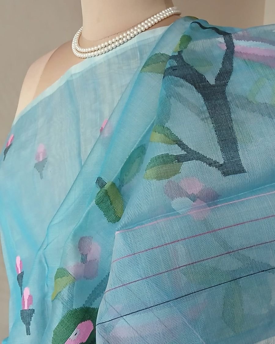 Hand Jamdani in Mulberry Silk with Bird Motifs – (SJMS0031) - Image 5